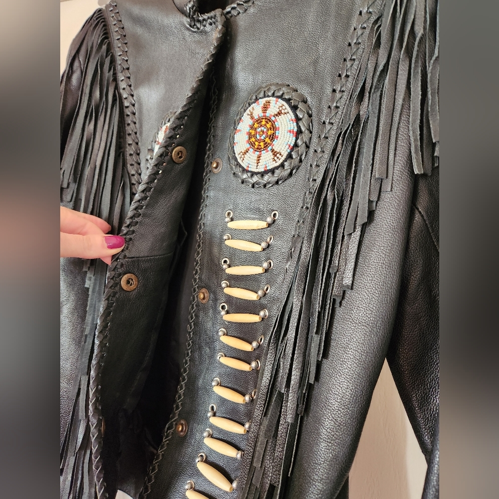 3B WEST Tansmith Black Fringe Multi Beads Leather Western Native Coat Jacket 36 - Picture 8 of 16
